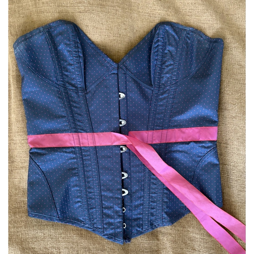 Agent Provocateur Navy Blue & Hot Pink Polka Drop Corset Top Lace Up Medium C/D - Picture 3 of 6